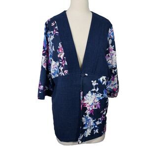 BonWorth Jacket Blue Floral One Button Womens Size Small 3/4 Sleeves Pockets